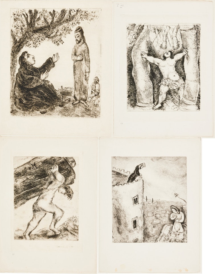 Débora la Prophétesse; Samson enlève les portes de Gaza; Samson renvers les colonnes; David et Bath-Schéba (from: La Bible, PL. 52, Pl. 55, Pl. 57, Pl. 69) by Marc Chagall