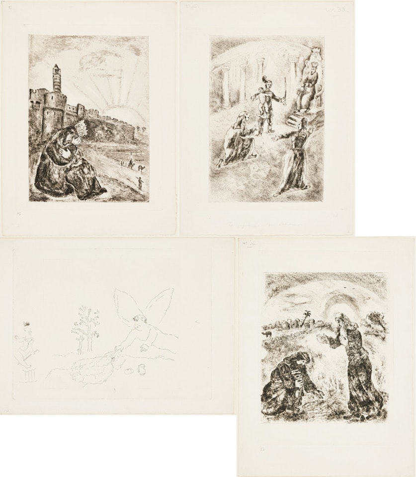 David pleure Absalon; Le jugement de Salomon; Élie et la veuve de Sarepta; Élie touché par un ange (from: La Bible, Pl. 73, Pl. 78, Pl. 83, Pl. 87) by Marc Chagall