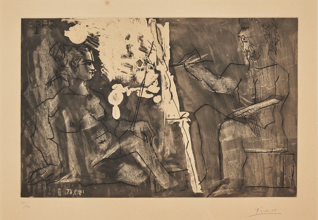 Peintre à son chevalet, avec un modèle assis (Dans l"Atelier). by Pablo Picasso