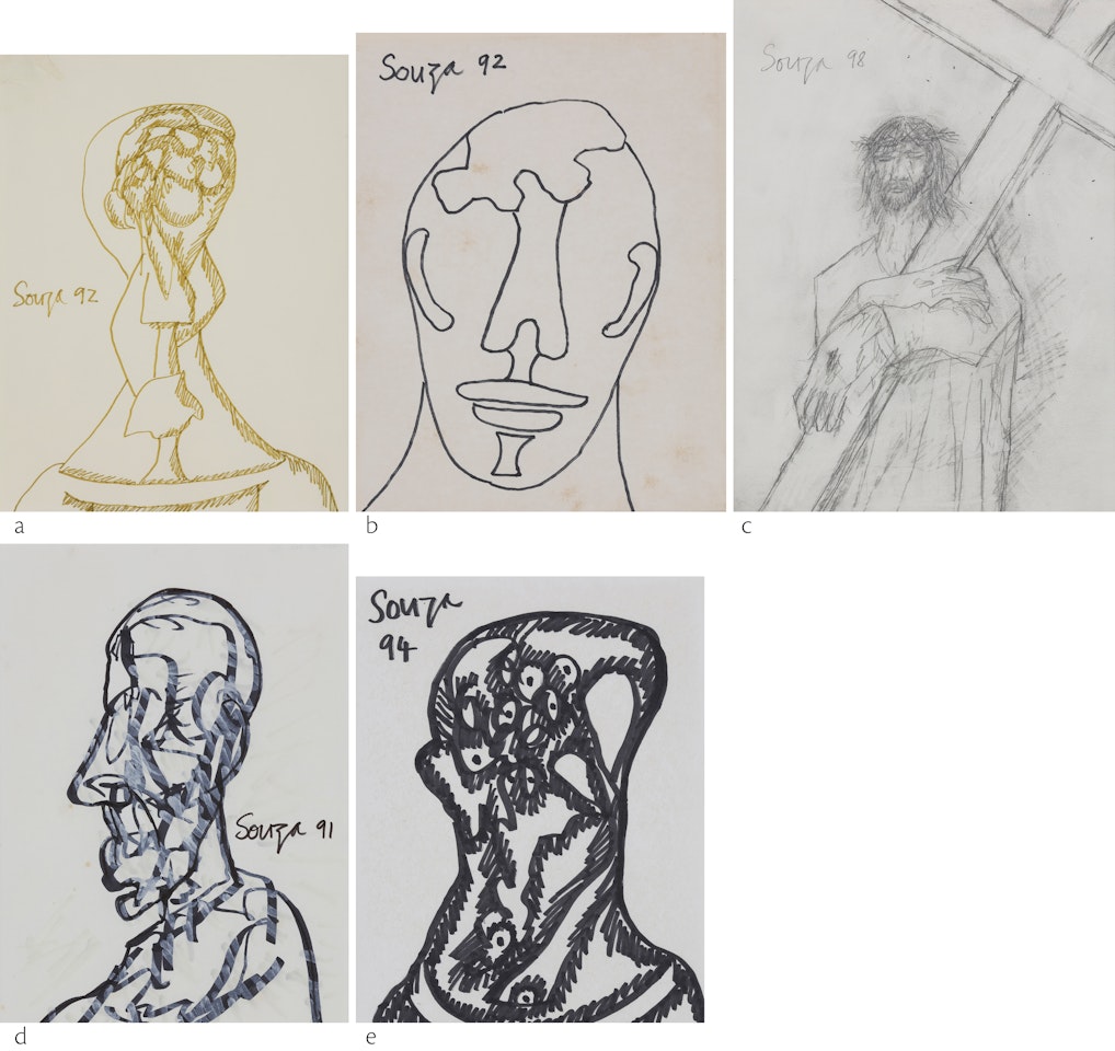 Untitled (Head of a Man); Untitled (Atlas Head); Untitled (Christ Carrying Cross); Untitled (Man in Profile); Untitled (Saint with Multiple Eyes) by Francis Newton Souza