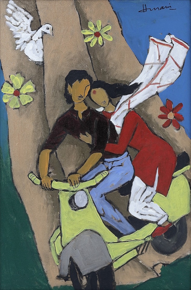 It has to be an Italian invention of Vespa scooters to make lovers embrace each other by M.F. Husain