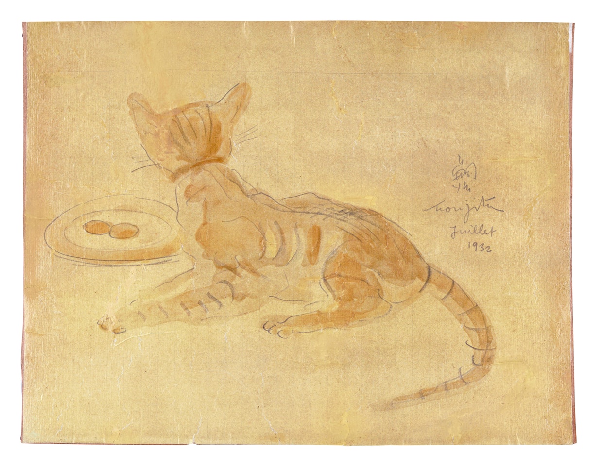 Chat de dos, devant son assiette by Leonard Tsuguharu Foujita