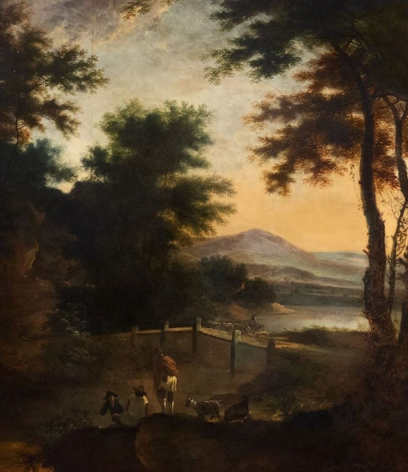 River landscape with stone bridge, shepherds and herds by Jan Both