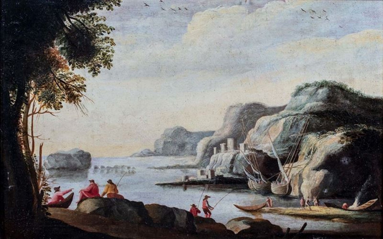 Coastal view with fishermen in the foreground by Italian School