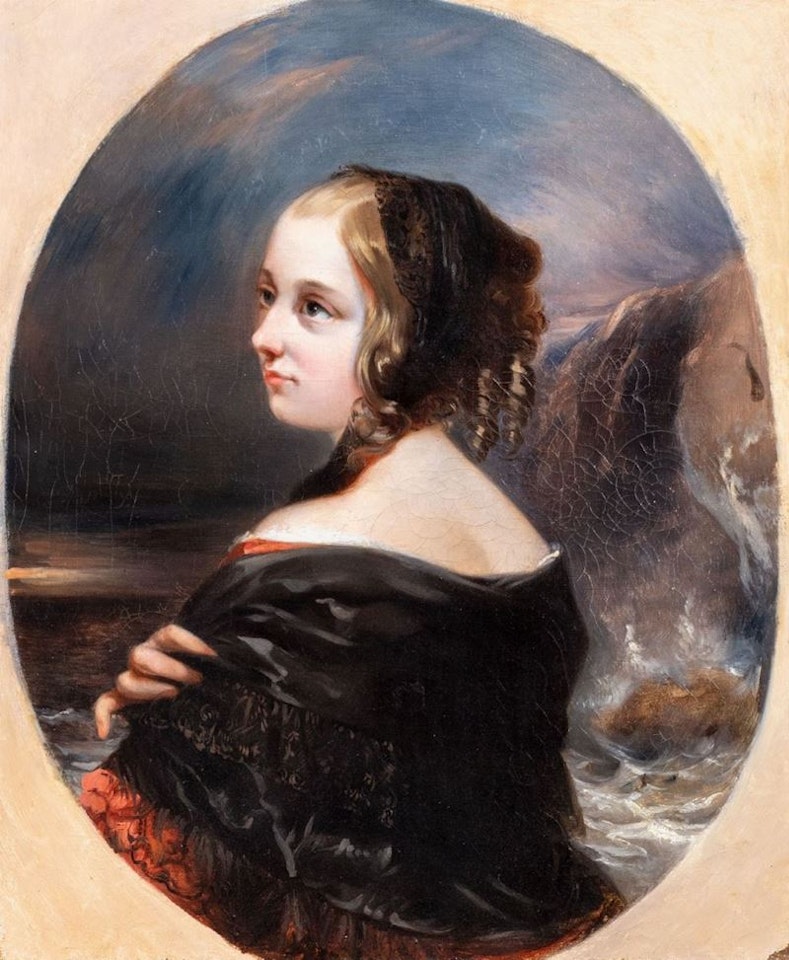 Portrait of young girl with coastal landscape in the background by English School