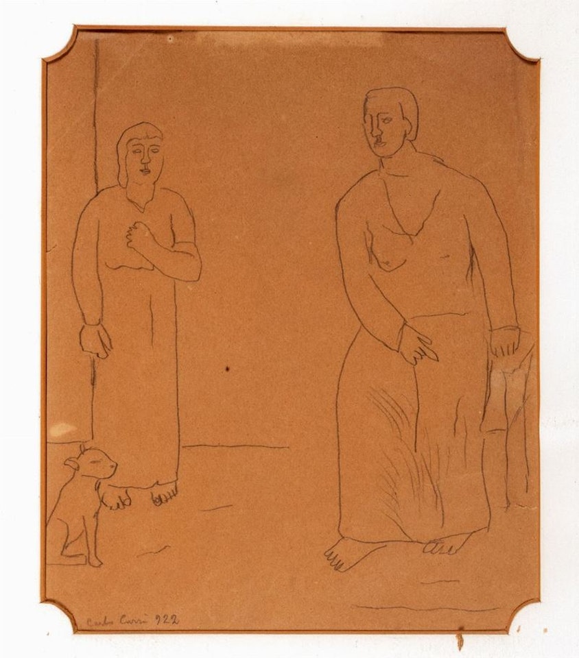 Two figures with dog by Carlo Carra
