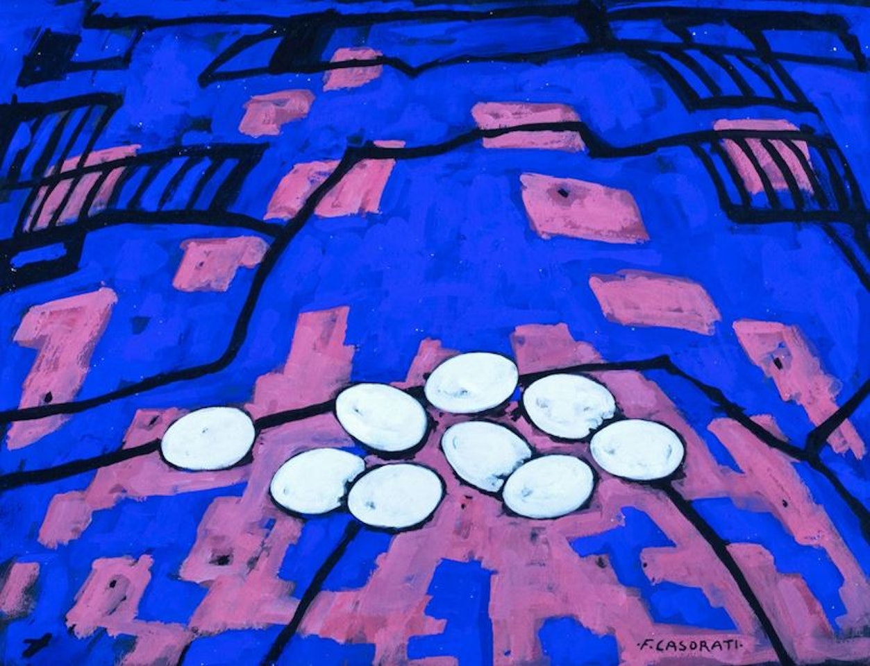 Eggs on the landscape by Felice Casorati
