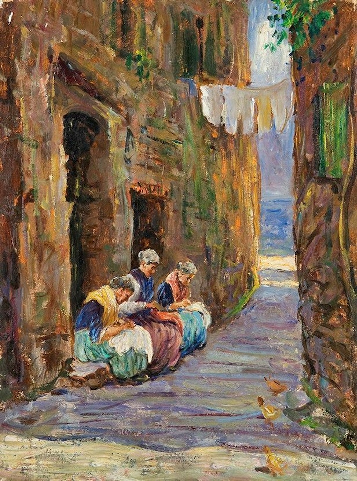 Women sewing in an alley by Italian School