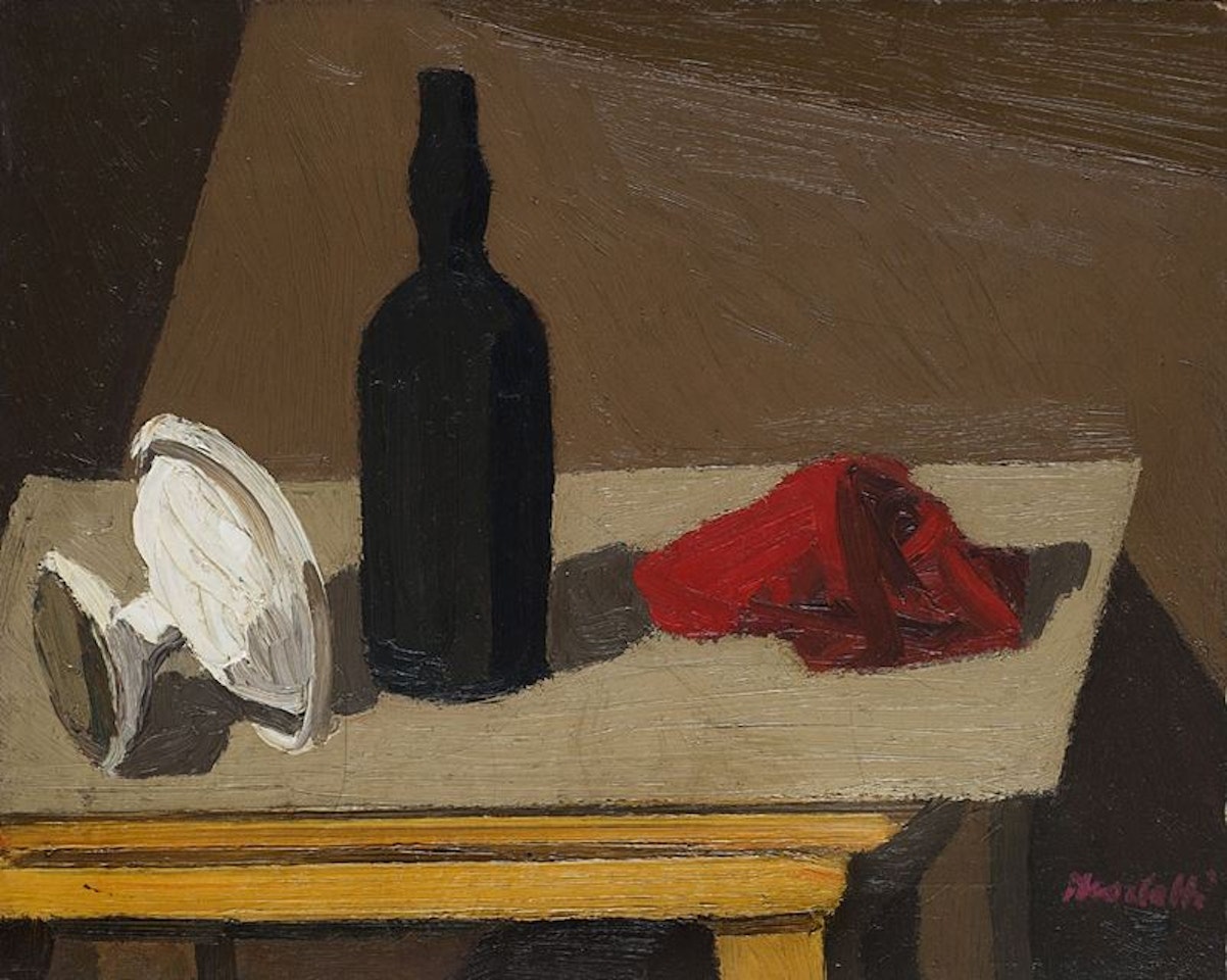 Still life [on the table with fruit bowl b 40.00 Still life [on the table with white fruit bowl and black bottle red cloth] by Ennio Morlotti