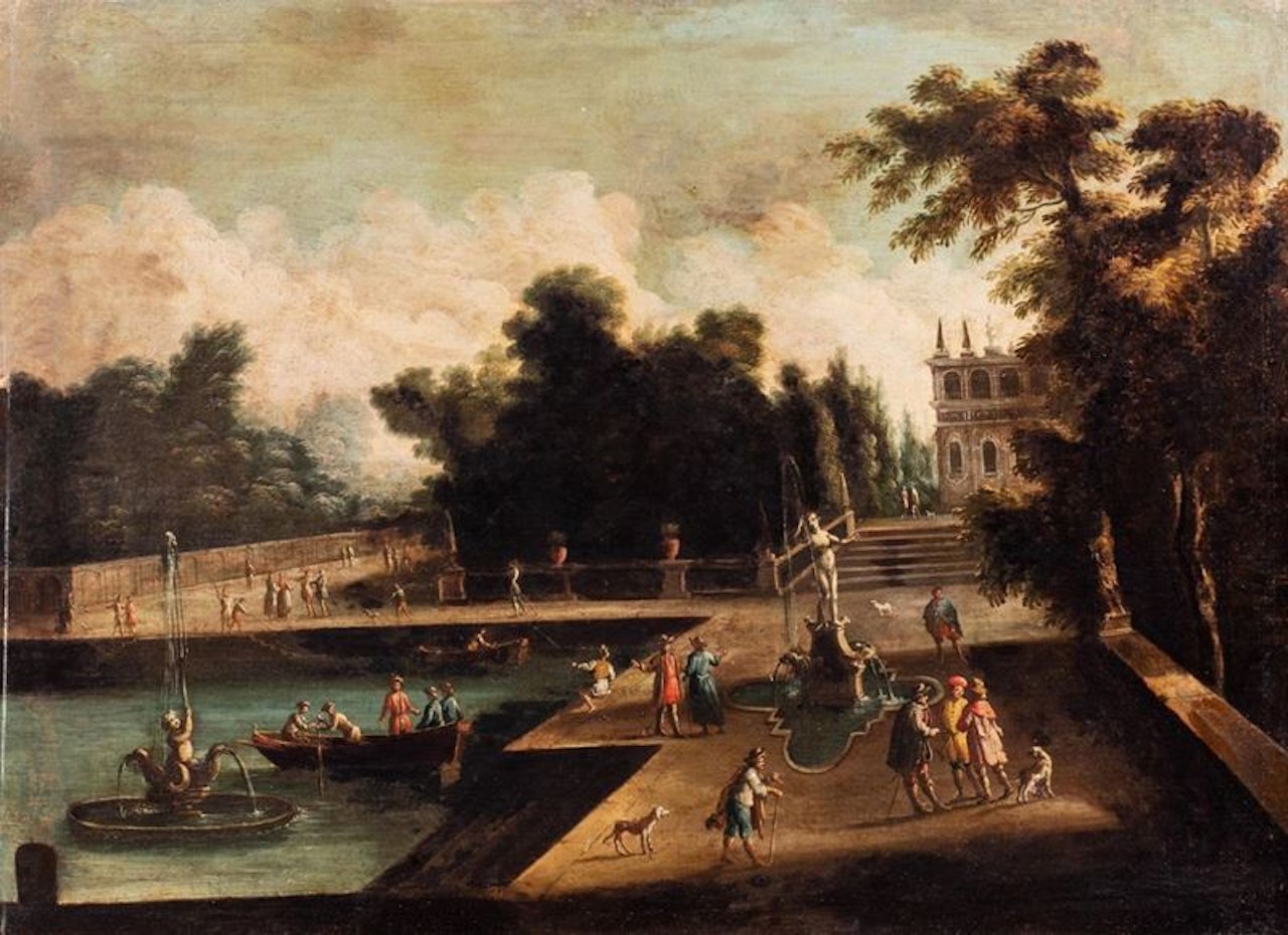 Garden of a villa with fish pond, two fountains and onlookers by Isaac de Moucheron