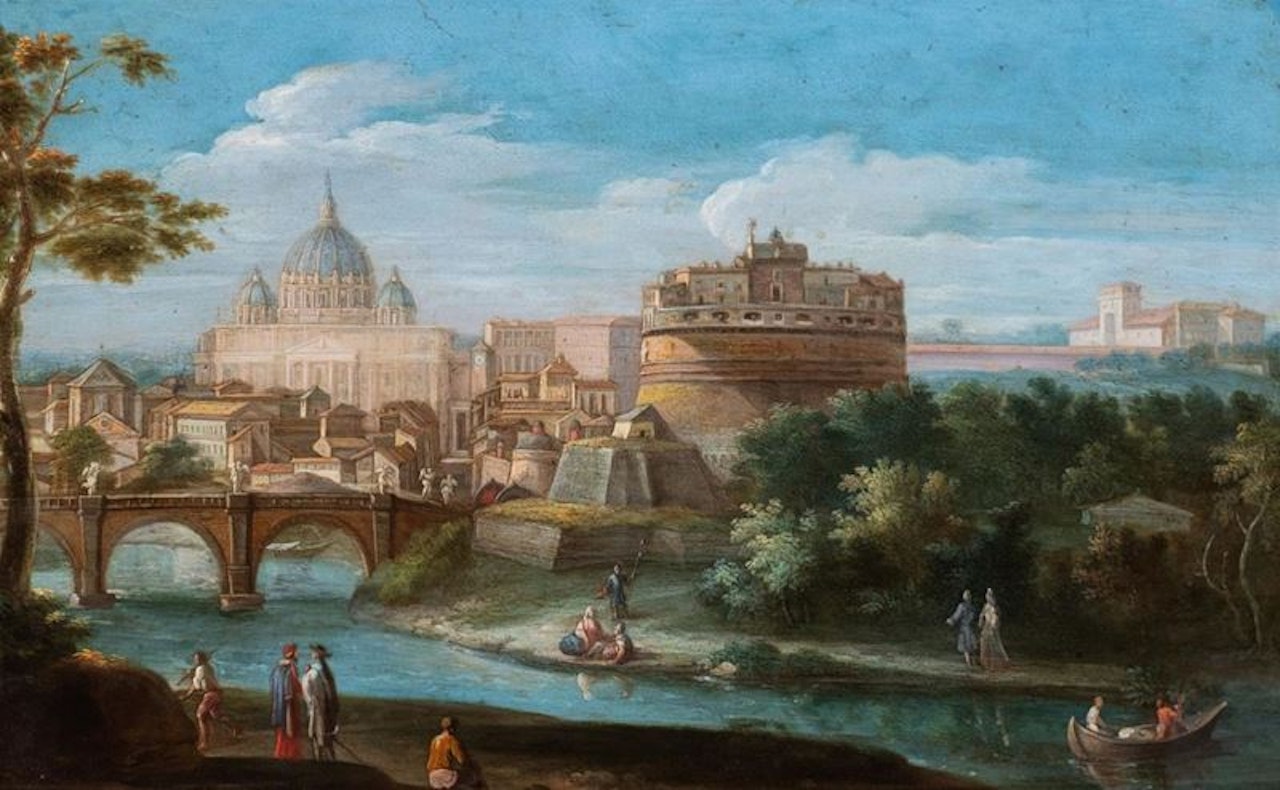 The view of Rome from Tor di Nona, towards Castel Sant"Angelo, the Ponte degli Angeli and San Pietro in the distance by Roman School