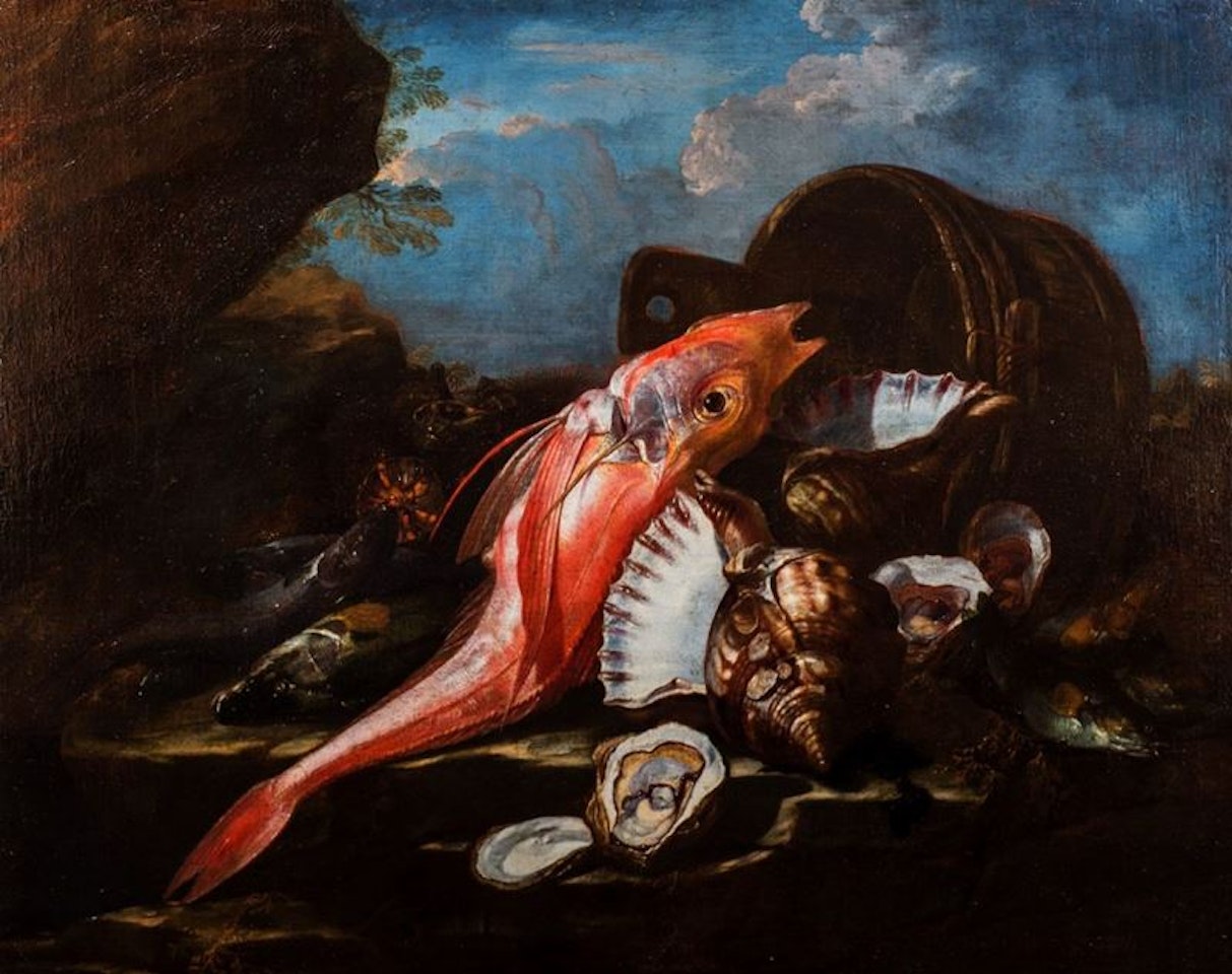 Fishes and shellfish en plein air by Giuseppe Recco