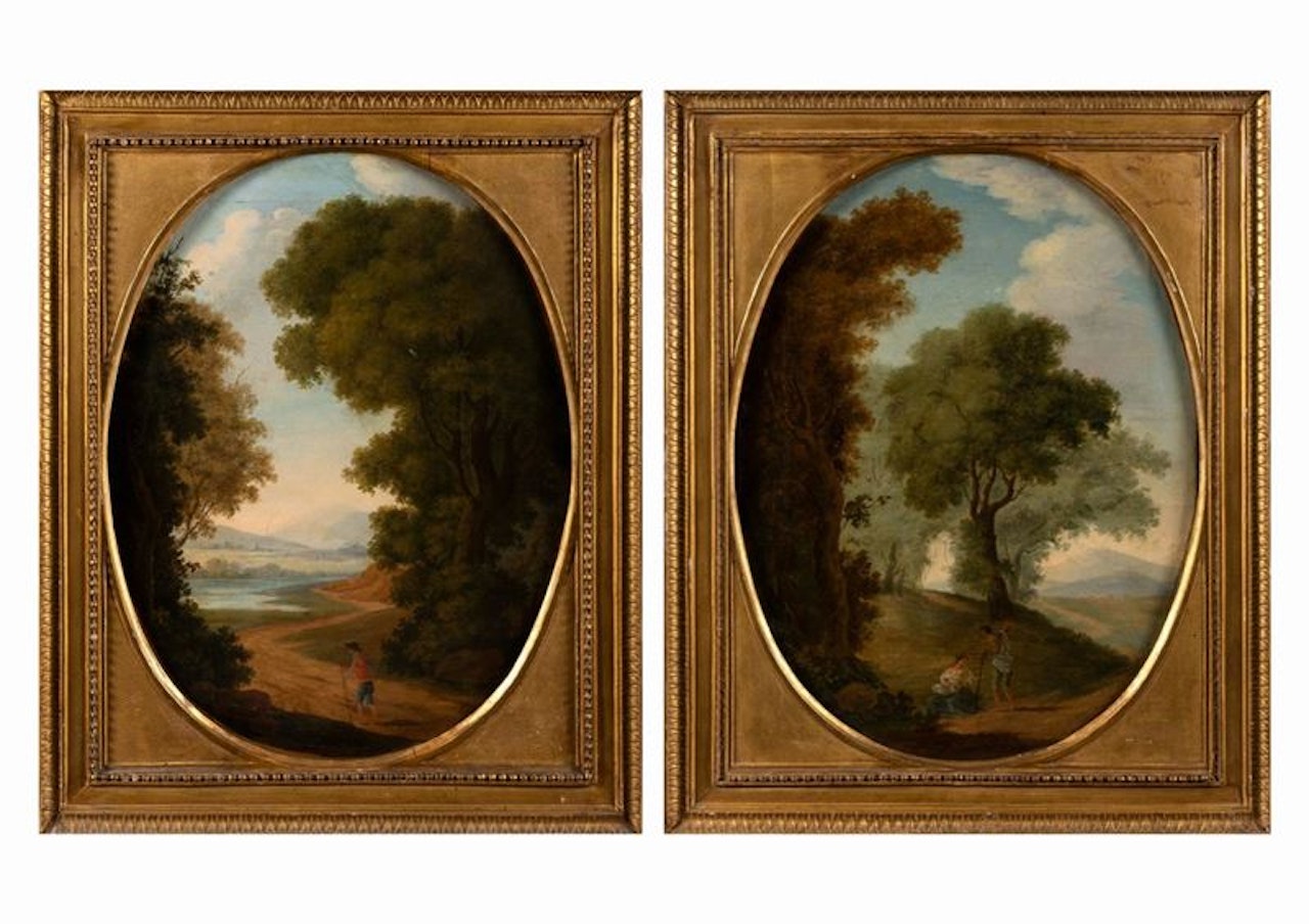Two landscapes with wayfarers by Roman School