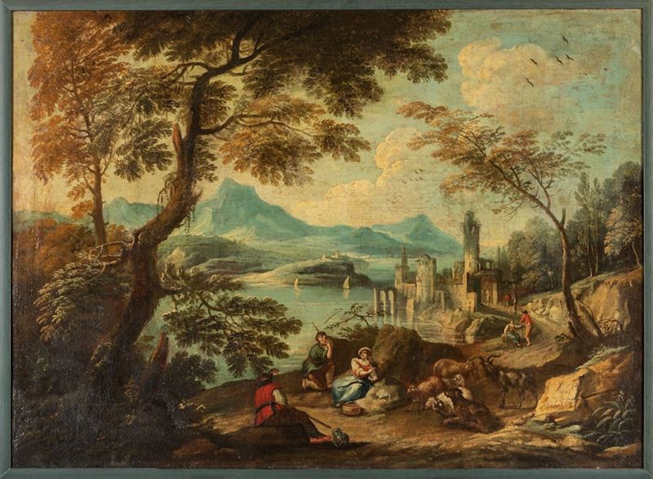 River landscape with resting shepherds and herds, a castle in the background by Venetian School