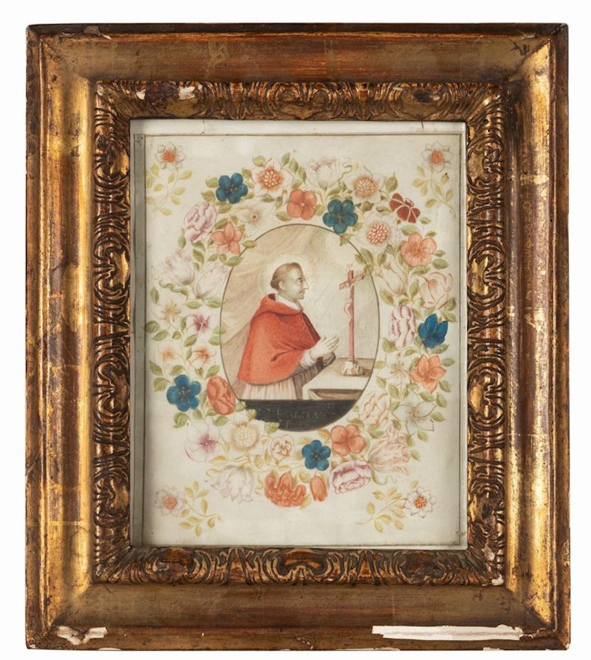 San Carlo Borromeo in adoration of the crucifix, within a garland of flowers by Italian School