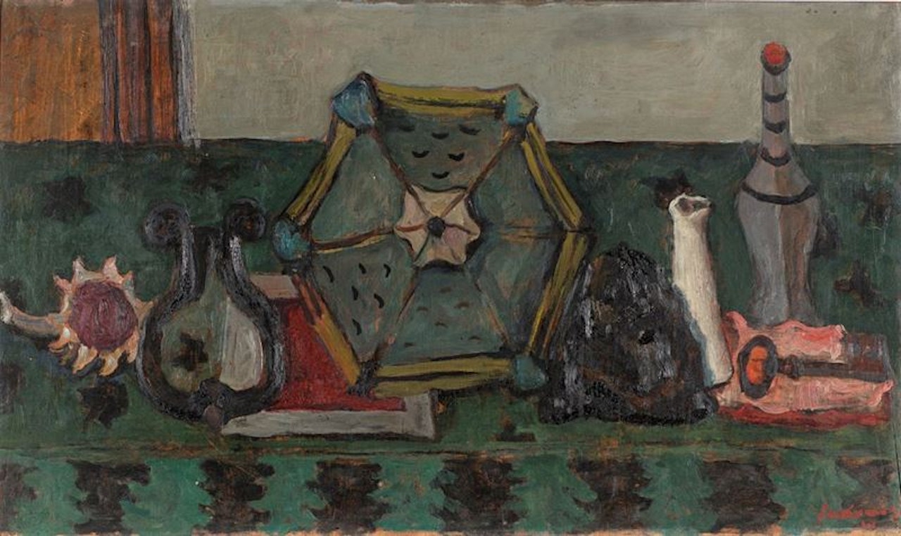 Natura morta con fanale, chiave e bottiglie by Giuseppe Santomaso