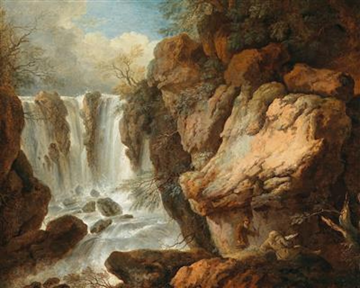A rocky landscape with a waterfall by Christian Wilhelm Ernst Dietrich