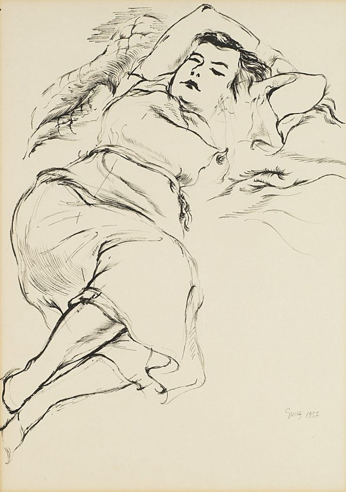 Portrait of Eva Grosz; bent over car by George Grosz