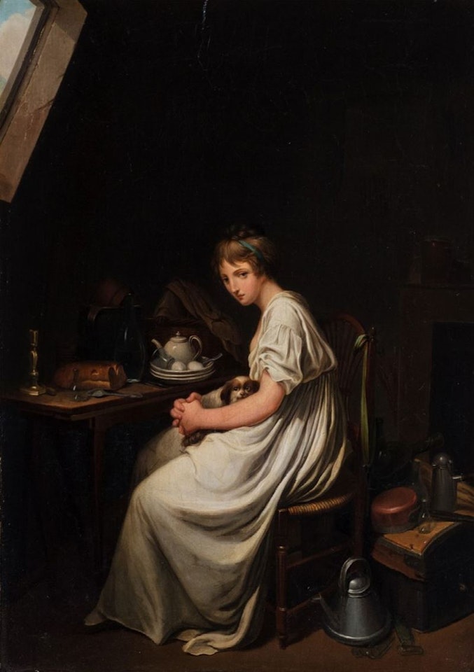Young woman with a dog by English School