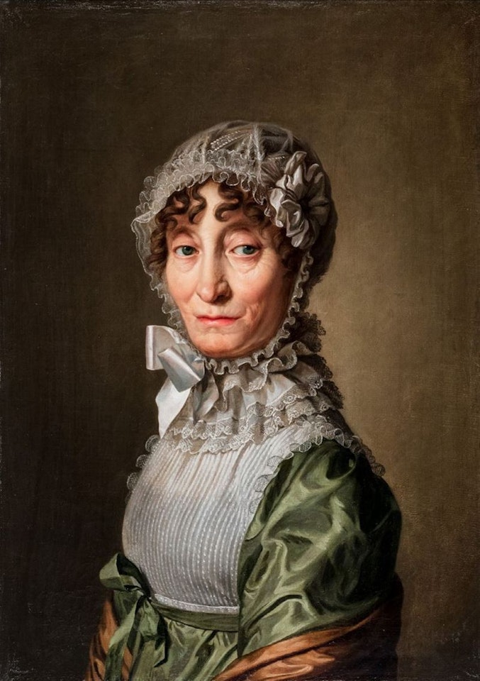 Ritratto di dama a mezzo busto con cuffia di pizzo e abito di seta verde; Portrait of lady, half lenght with lace bonnet and green gown by Louis-Leopold Boilly
