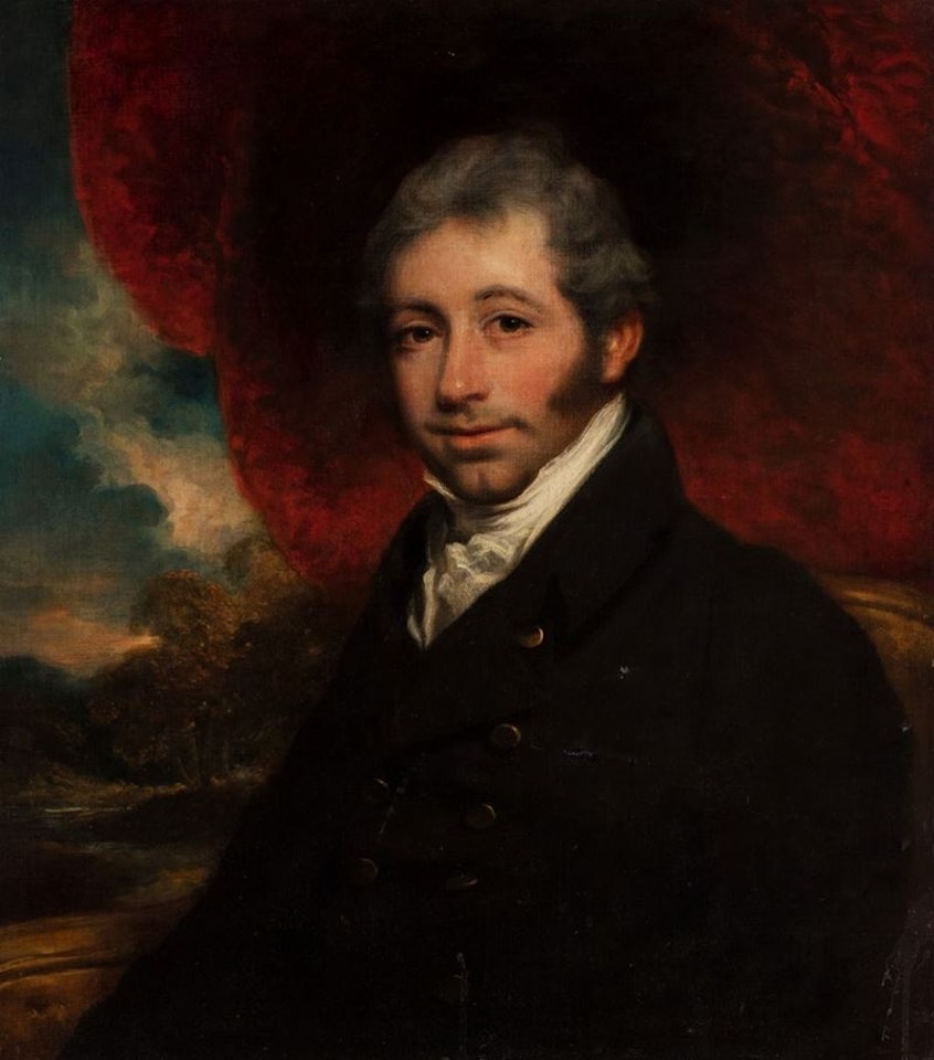 Portrait of a gentleman, half lenght with landscape in the background by English School