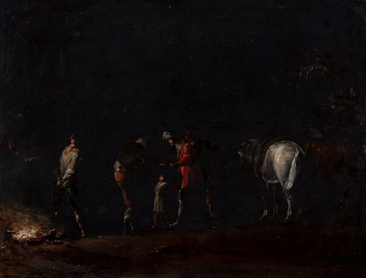 Night landscape with brigands and horses near a fire by Neapolitan School