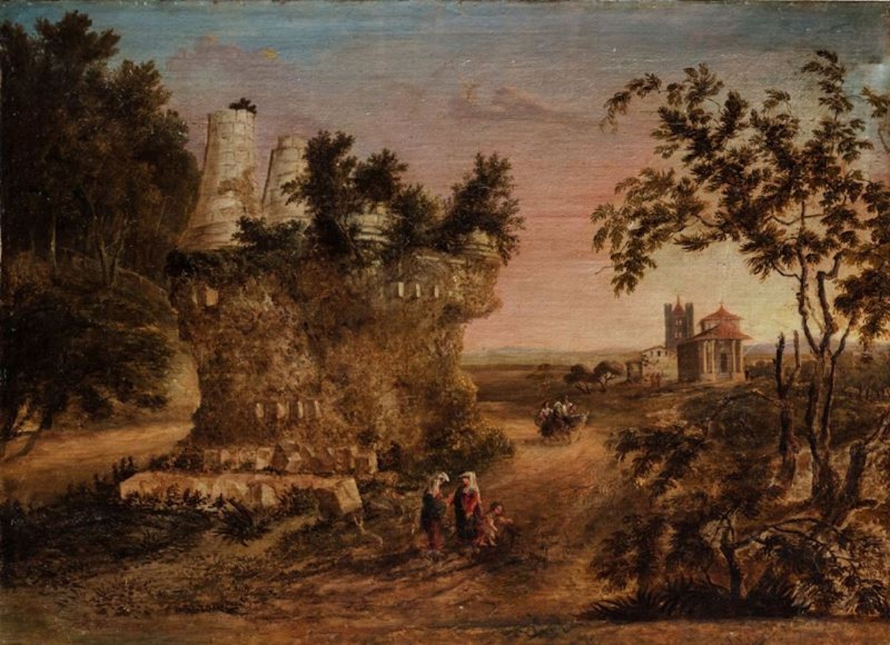 Campagna romana con ruderi antichi, popolane e contadini by Italian School