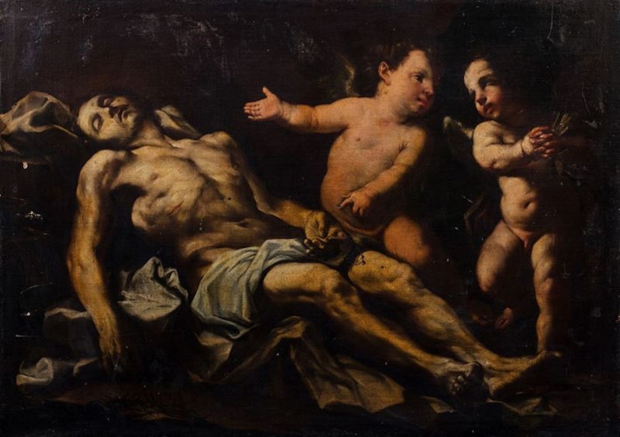 Compianto su Cristo morto tra due angeli by Roman School