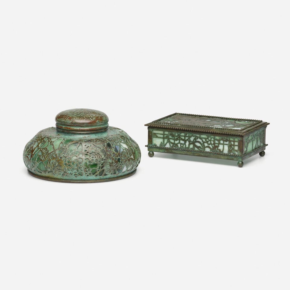 Grapevine inkwell and Early box by Tiffany Studios