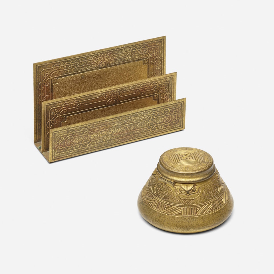 American Indian inkwell and Etched Crosier letter holder by Tiffany Studios