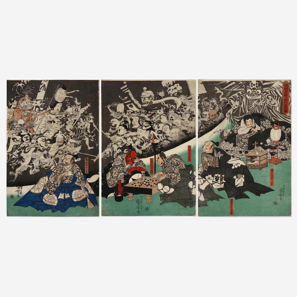 Minamoto Yorimitsu (Raiko) ko no yakata ni tsuchigumo yokai o nasu zu (triptych) by Utagawa Kuniyoshi