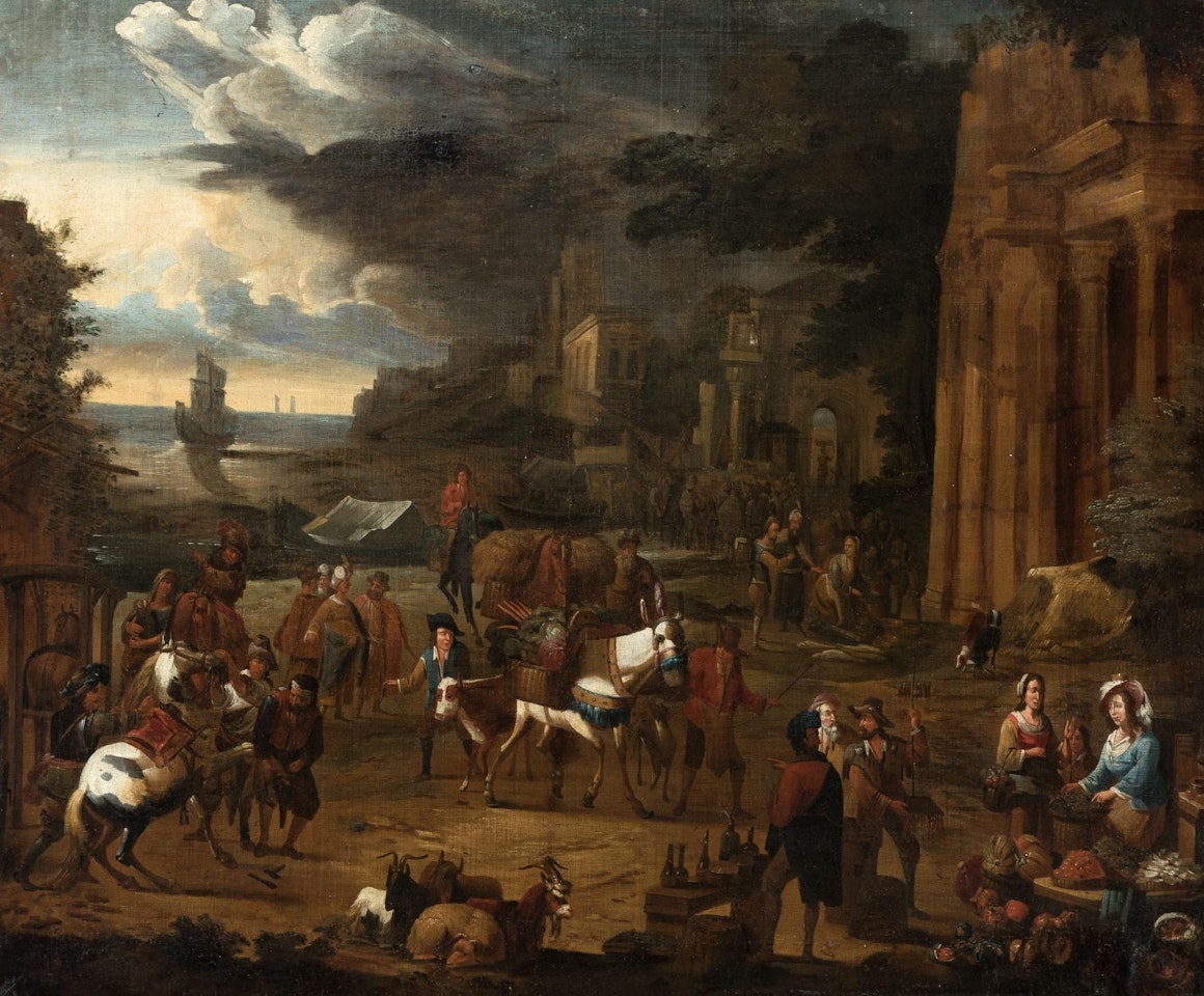 Southern market scene at a harbour by Flemish School
