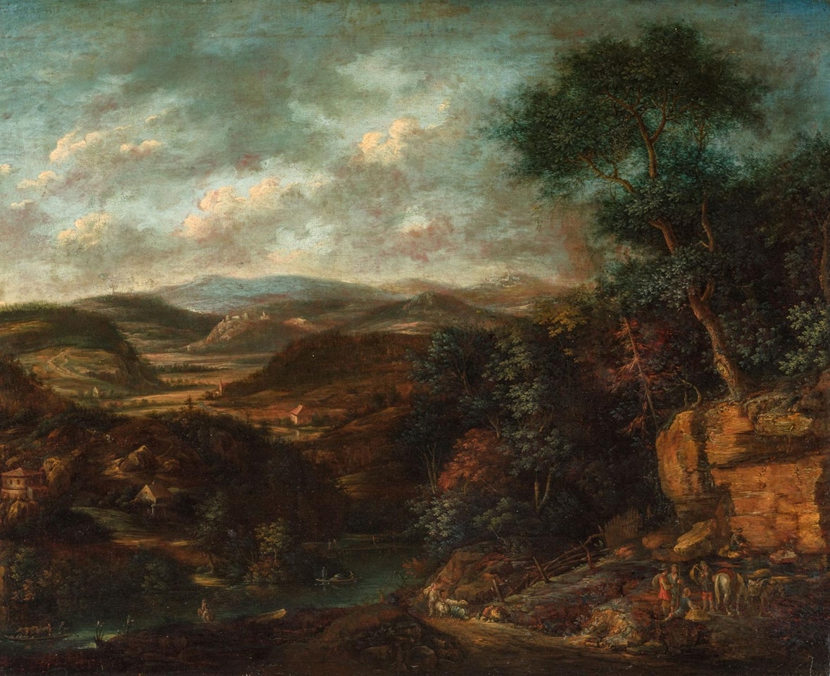 Animated Southern landscape with shepherds by Italian School