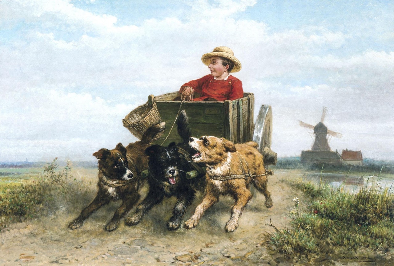Boy in a dog cart on a heath path by Henriette Ronner-Knip