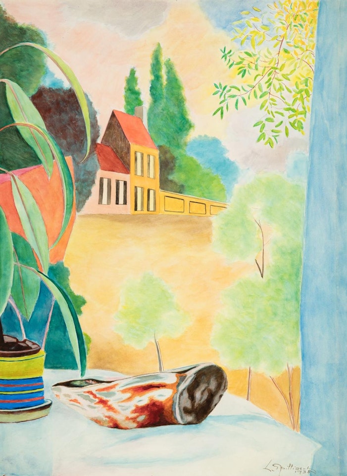 Plant and shell in front of a window with street view by Léon Spilliaert