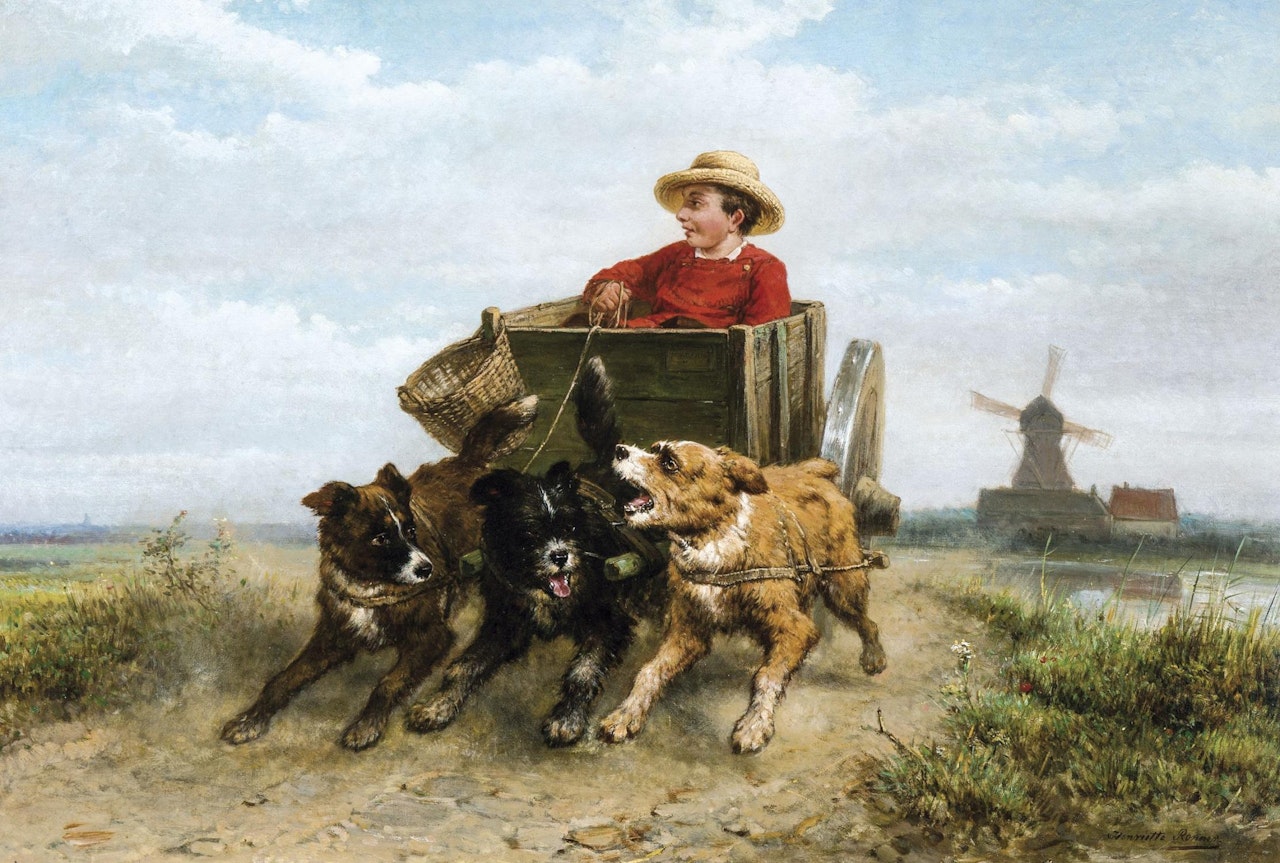 Little boy in a dog cart on a moor path by Henriette Ronner-Knip