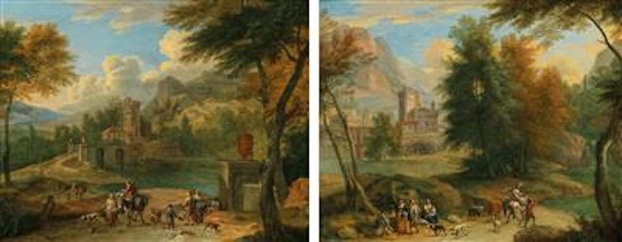 A pair of Italianate wooded river landscapes with travellers by Pieter Bout