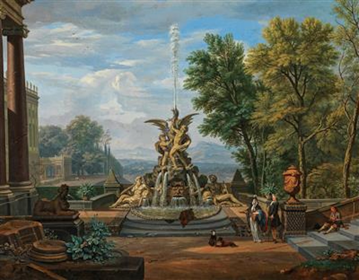 An elegant couple near a fountain in a park by Isaac de Moucheron