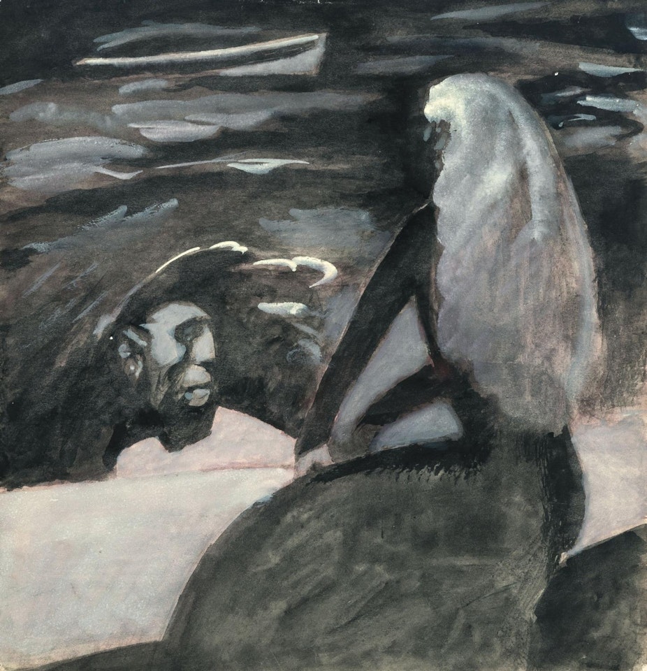 The ghost of the castaway appears on his wife in the turbulent waters of the harbor (; ) by Léon Spilliaert