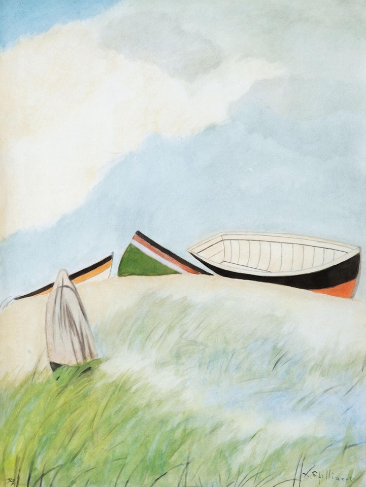 Belgium; Figure in the dunes and boats by Léon Spilliaert