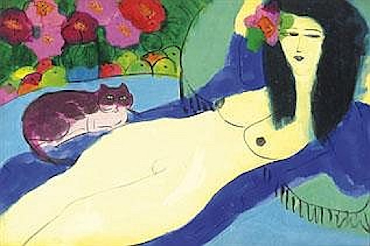 LYING NUDE WITH CAT by Walasse Ting