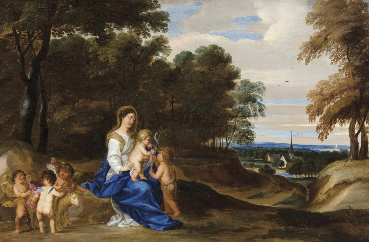Mary with Jesus and St John the Baptist in an woody landscape by Flemish School