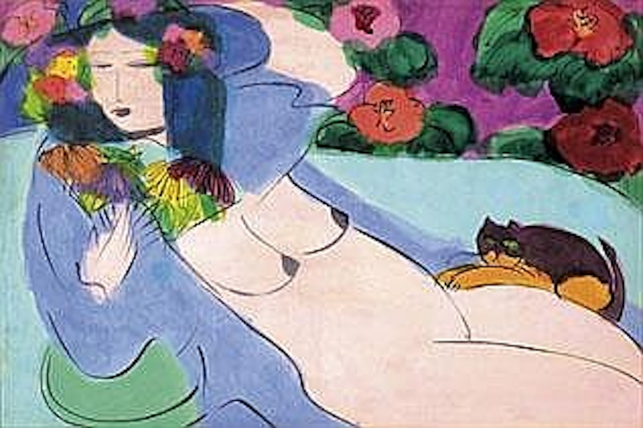 LYING NUDE WITH CAT by Walasse Ting