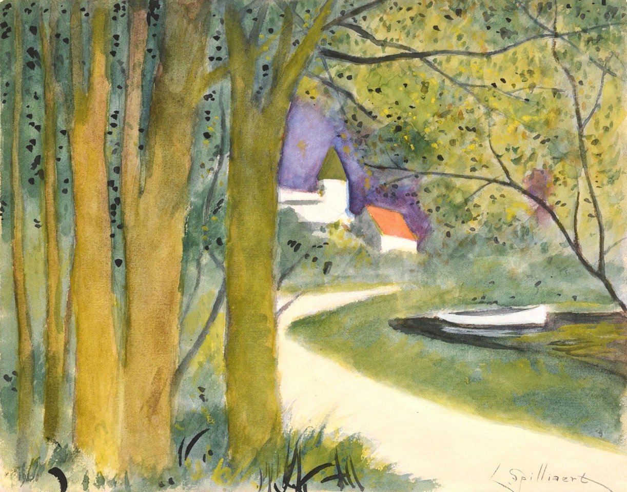 Village at the end of the road, behind the trees, with a pond and a boat by Léon Spilliaert