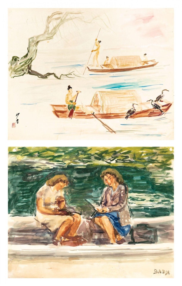 China - Boats on a river - Verso: 2 schoolgirls in the Royal Brussels park by Sha Qi