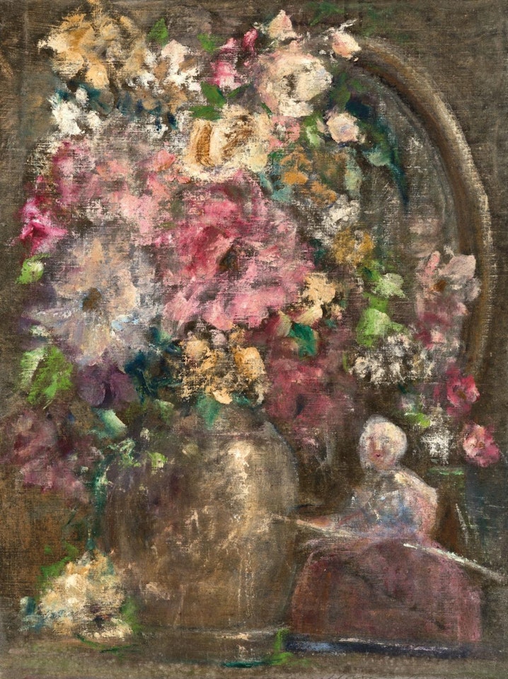 China - Still Life with flowers and figurine by Sha Qi
