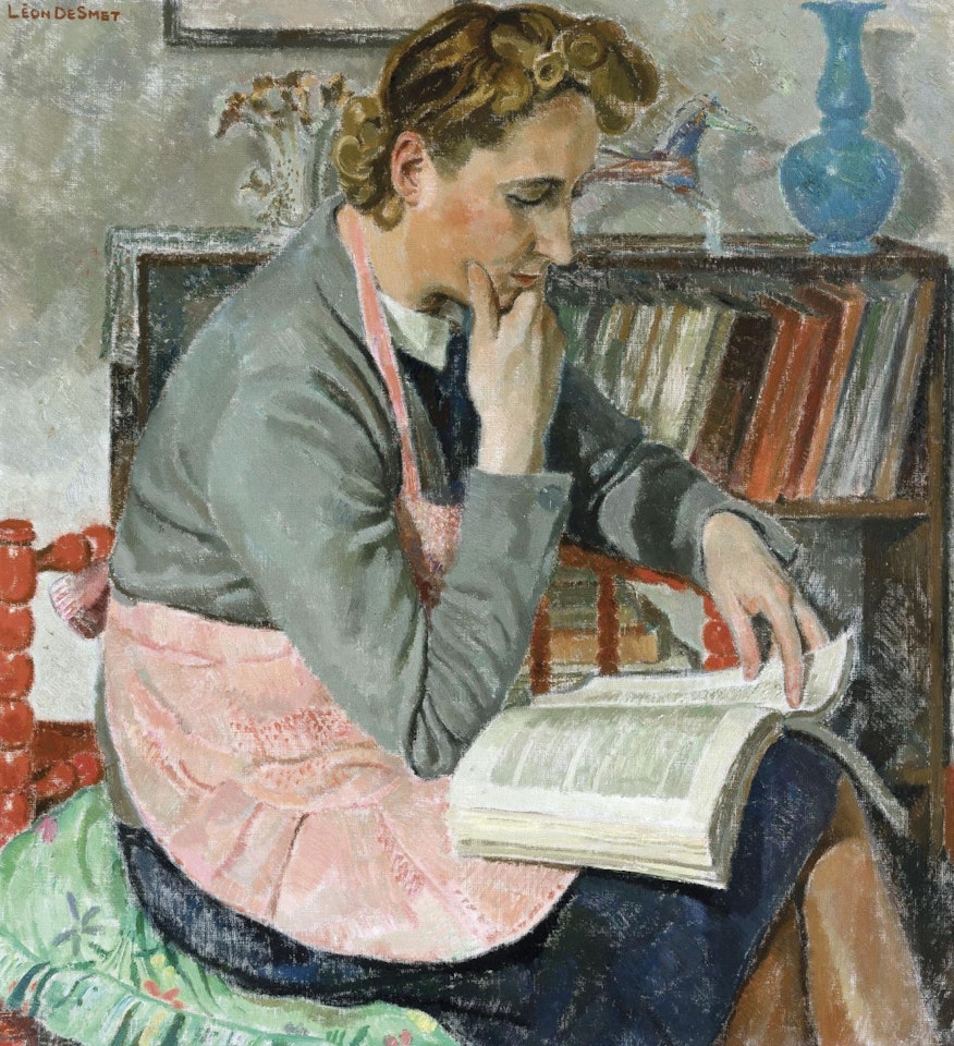 Claire, reading in the artist"s interior (ca. 1940) by Leon de Smet