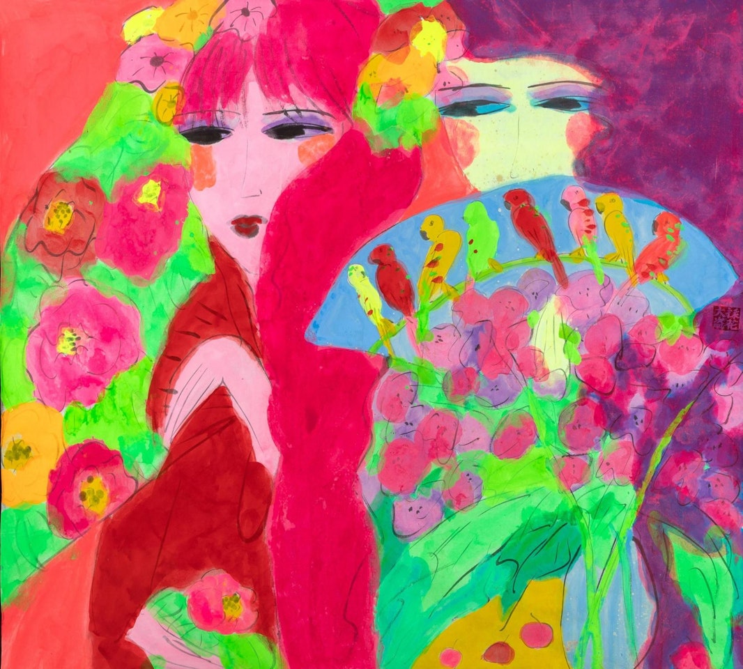 Two ladies with fans and flowers by Walasse Ting