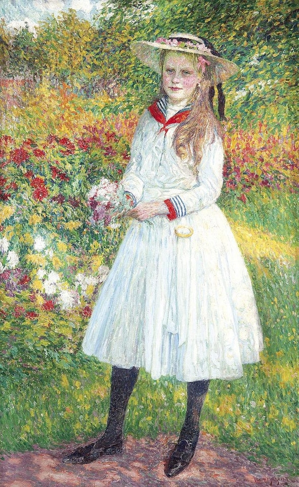 Young girl in a straw hat standing in front of a flowered pasture by Leon de Smet