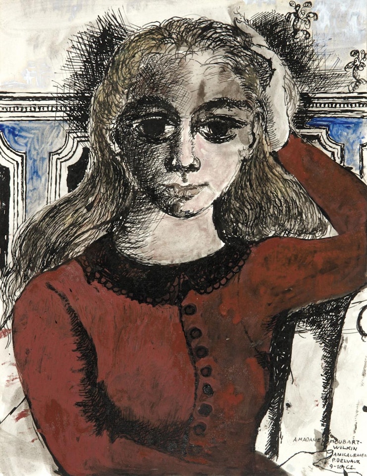 Seated young woman in an interior by Paul Delvaux